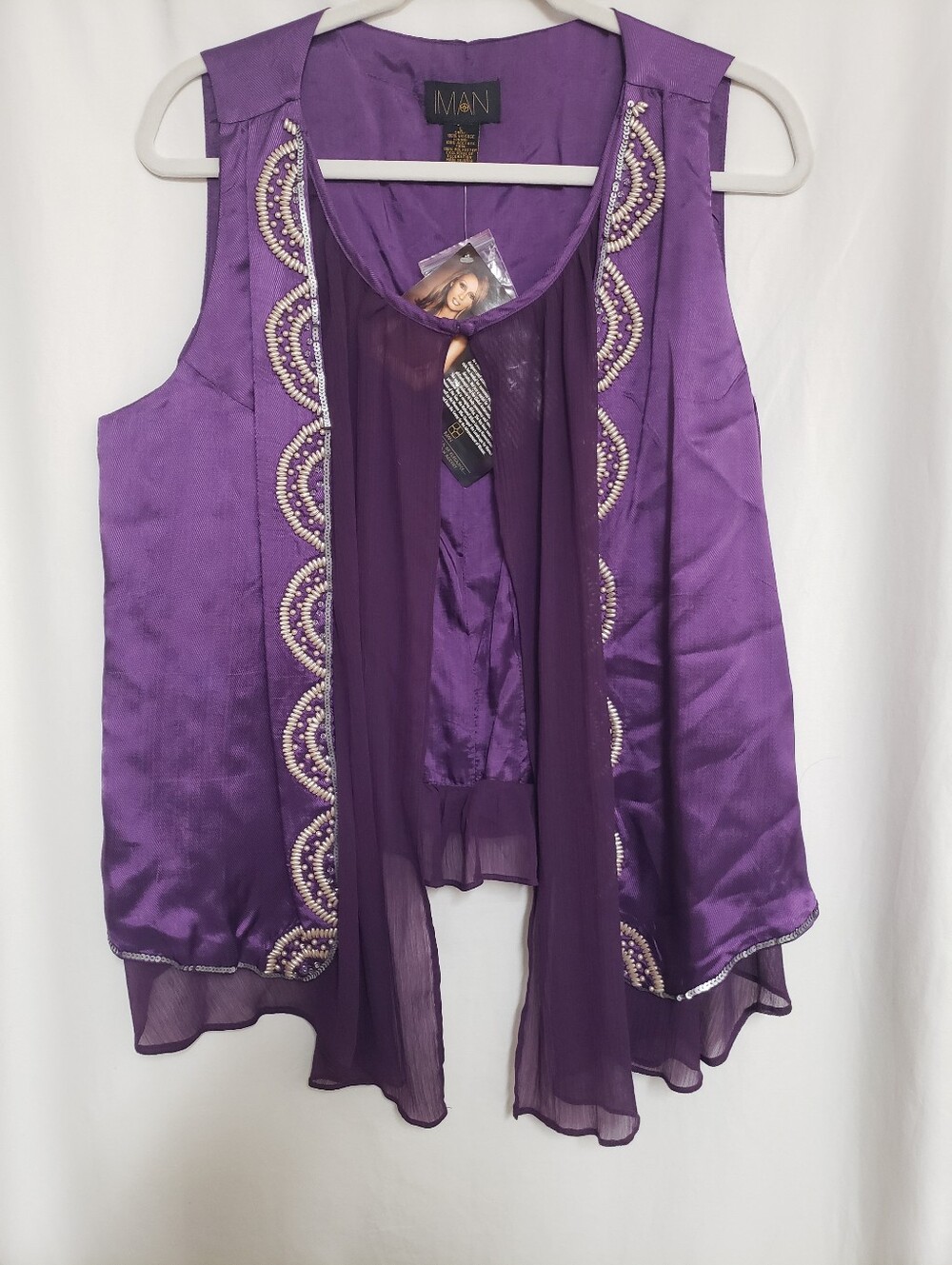 IMAN Purple Beaded Chiffon Overlay Vest